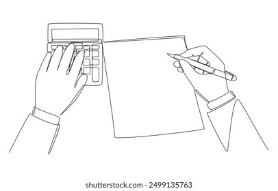 Continuous one line drawing of hand using calculator and other hand holding pen to check company accounting document, company audit concept, single line art.