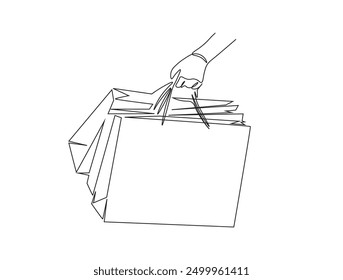Continuous one line drawing of hand Carrying shopping bag. Holding paperbag for shopping, sale and consumerism concept.