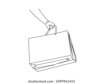 Continuous one line drawing of hand Carrying shopping bag. Holding paperbag for shopping, sale and consumerism concept.