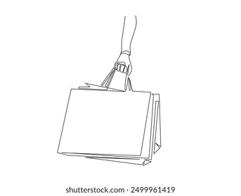 Continuous one line drawing of hand Carrying shopping bag. Holding paperbag for shopping, sale and consumerism concept.