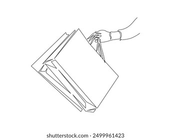 Continuous one line drawing of hand Carrying shopping bag. Holding paperbag for shopping and sale concept.