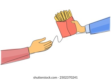 Dibujo continuo de una línea a mano dando papas fritas. Los refrigerios se cortan en tiras largas. Restaurantes de comida rápida. Incluido en la categoría de comida chatarra. Ilustración vectorial de diseño de dibujo de línea única