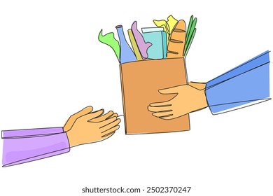 Continuo de una línea de dibujo de mano dando bolsa de comestibles. Bolsas de compras muy respetuosas con el medio ambiente. Capaz de llevar varios tipos de alimentos. Protege la tierra. Ilustración vectorial de diseño de dibujo de línea única