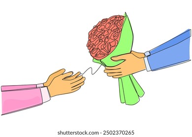 Continuo una línea dibujando a mano dando un ramo de rosas. Señal de amor. Romance de una pareja. Preocupación por los demás. Dale amor a gente digna. Vida romántica. Ilustración vectorial de diseño de dibujo de línea única