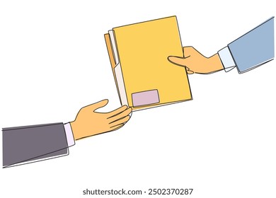 Continuous one line drawing hand gives document folder. Concept of sharing work data. Provide work that must be completed right away. Tidying up documents. Single line draw design vector illustration