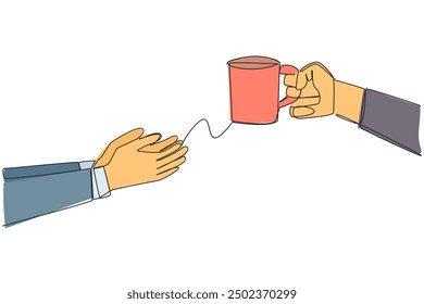 Continuous one line drawing hand giving mug glass. Contains cup of warm coffee or tea. Create comfortable atmosphere of togetherness. Relaxed for a moment. Single line draw design vector illustration