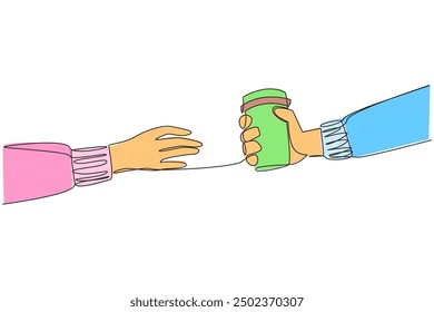 Continuous one line drawing a hand gives a paper cup. Buying a cup of warm coffee will increase the concentration. Drinking warm tea can relax the body. Single line draw design vector illustration