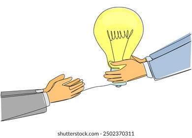 Continuous one line drawing hand giving lightbulb to colleague. Providing best advice for the good and progress of business. Great partner. Brainstorming. Single line draw design vector illustration