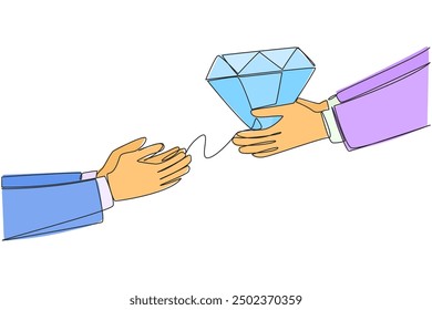 Continuous one line drawing a hand gives diamonds to its partner. A very valuable object and difficult to obtain. Make sacrifices for business progress. Single line draw design vector illustration