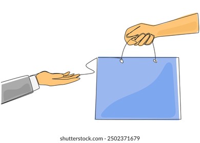 Continuous one line drawing of hand giving paper bag. Eco-friendly shopping bag. Reduce the use of plastic materials. Bag for practical storage. Save earth. Single line draw design vector illustration
