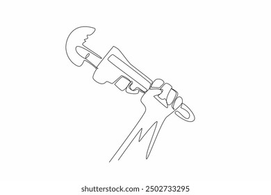 Continuous one line drawing hand holding the wrench upwards. The spirit of making a new water pipe. Preventing leaks. Plumber logo. World Plumbing Day. Single line draw design vector illustration