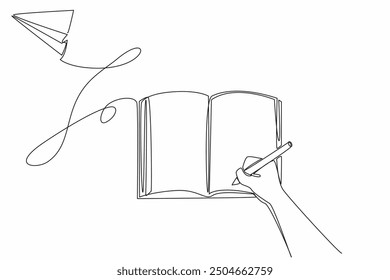 Continuous one line drawing hand holding pencil writing in open book. Note down formulas that are difficult to remember. International Day of Mathematics. Single line draw design vector illustration