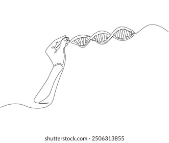 Continuous one line drawing of hand holding DNA. One line drawing illustration of human DNA. World science day concept line art. Editable outline