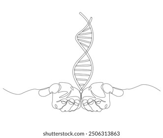 Continuous one line drawing of hand holding DNA. One line drawing illustration of human DNA. World science day concept line art. Editable outline