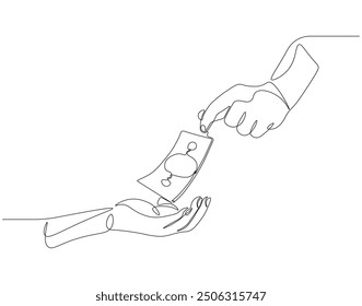 Dibujo continuo de una línea de la mano dando dinero a otra mano. Una ilustración de dibujo de línea de mano dando y recibir dinero. Día mundial de la donación, arte conceptual de la línea.