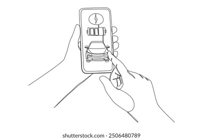 Continuous one line drawing of hand holding smartphone showing electric car charging app, ev car recharging concept, single line art.