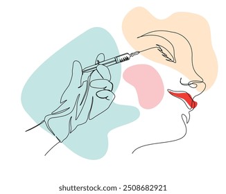 Continuous one line drawing of hand holding syringe -lips injection. Beauty surgery concept single line vector illustration. Editable stroke.