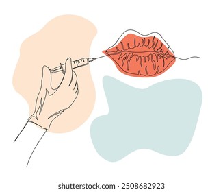 Kontinuierliche, einzeilige Darstellung der Handspritze mit den Lippen. Schönheitspflege Konzept Linie Kunst Vektorgrafik. Bearbeitbarer Strich.