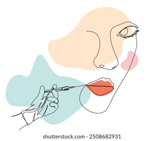 Continuous one line drawing of hand holding syringe -lips injection. Beauty surgery concept single line vector illustration. Editable stroke.