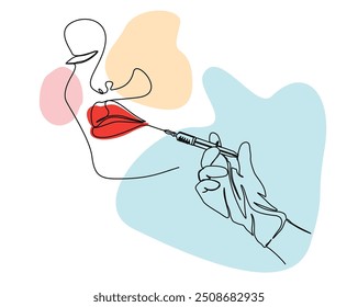 Continuous one line drawing of hand holding syringe -lips injection. Beauty surgery concept single line vector illustration. Editable stroke.