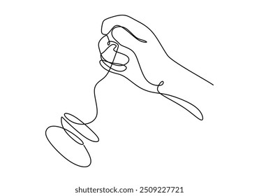 Continuous one line drawing of a hand playing with a yoyo. Illustrates the activity in a minimalist vector art style.