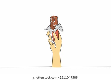Continuous one line drawing hand holding cereal bar. Delicious sweet food. Has many delectation flavors. Healthy breakfast with cereal. National Snack Day. Single line draw design vector illustration