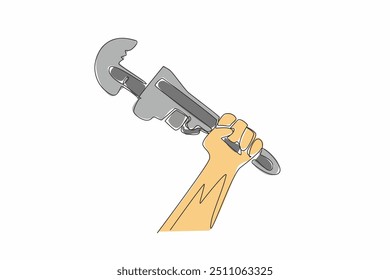 Continuous one line drawing hand holding the wrench upwards. The spirit of making a new water pipe. Preventing leaks. Plumber logo. World Plumbing Day. Single line draw design vector illustration