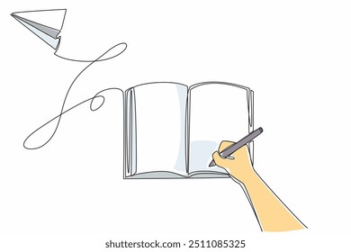 Continuous one line drawing hand holding pencil writing in open book. Note down formulas that are difficult to remember. International Day of Mathematics. Single line draw design vector illustration