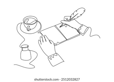 Continuous one line drawing of hand writing gesture with ink and quill pen on open book with cup of coffee. Retro handwriting for writer or student. Single line draw design vector graphic illustration