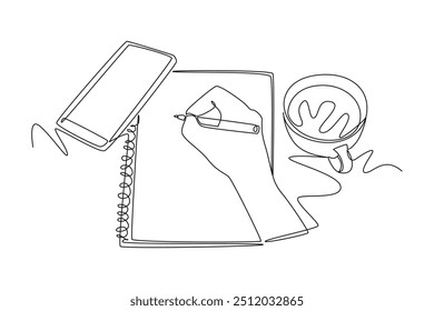 Continuous one line drawing of hand gesture writing on an open book beside a cup of coffee and smartphone. Writing draft business startup concept. Single line draw design vector graphic illustration