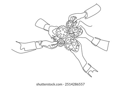 Continuous one line drawing hand gesture male and female business team member unite piece of gears to one as team building symbol. Teamwork concept. Single line draw design vector graphic illustration