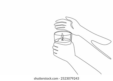 Uma linha contínua desenhando a mão segurando uma vela acesa em um copo. Mão que fornece proteção. Estende o brilho. Conforto. período Dia Mundial da Vela. Ilustração de vetor de design de desenho de linha única