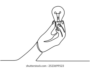 Continuous one line drawing of a hand holding a light bulb. Represents inspiration and innovation in a minimalist format.