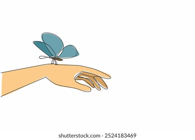 Continua una línea dibujando la mano infestada de mariposa. Trata el mundo natural con cuidado y respeto. Interconexión. Día de la Cero Discriminación. Ilustración vectorial de diseño de dibujo de línea única