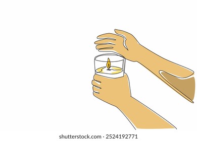 Continuo una línea dibujando a mano sosteniendo una vela ardiente en un vaso. Mano que proporciona protección. Extiende el brillo. Periodo de confort. Día Mundial de la Vela. Ilustración vectorial de diseño de dibujo de línea única