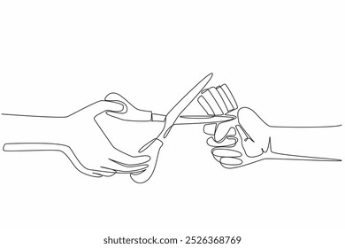 Continuous one line drawing one hand clenching the cigarettes while other hand ready to cut them. Ready to destroy harmful substances. Say no to smoking. Single line draw design vector illustration