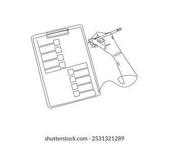 Dibujo continuo de una línea de Portapapeles de comprobación manual. Ilustración de dibujo de una línea de escritura a mano en Portapapeles. Comprobación, informe, arte de línea de concepto de negocio. Esquema editable