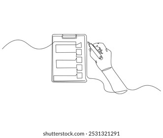 Desenho contínuo de uma linha de mão verificando a área de transferência. Ilustração de desenho de uma linha da escrita à mão na área de transferência. Checagem, Relatório, Conceito de negócio line art. Estrutura de tópicos editável