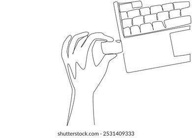 Continuous one line drawing hand inserting a flash drive into the laptop. Transferring important data. Doing copy paste. Tech. National Flash Drive Day. Single line draw design vector illustration