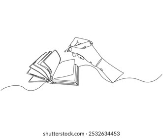 Continuous one line drawing of hand writing in book. One line drawing illustration of world literacy day. Writer, Education, Study concept line art. Editable outline