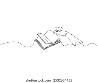 Continuous one line drawing of hand writing in book. One line drawing illustration of world literacy day. Writer, Education, Study concept line art. Editable outline