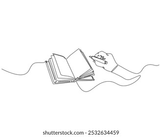 Continuous one line drawing of hand writing in book. One line drawing illustration of world literacy day. Writer, Education, Study concept line art. Editable outline