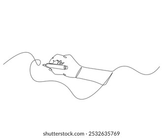Continuous one line drawing of hand holding pen. One line drawing illustration of hand writing with pen. World writing day concept line art. Editable outline