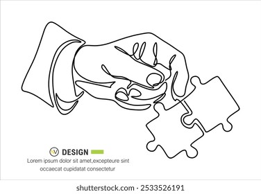 Desenho contínuo de uma linha de mão e quebra-cabeça. Correspondência de negócios - conectando elementos de quebra-cabeça. Símbolo de jogo de quebra-cabeça e metáfora icônica de negócios para solução de problemas, solução e estratégia.