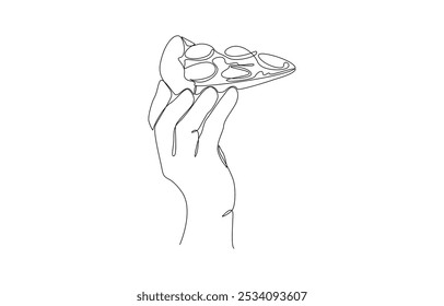 Continuous one line drawing of hand holding piece slice, fast food concept, single line art.