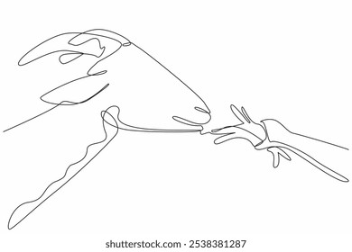 Dibujo continuo de una línea de la mano de los niños que alimentan la hierba a las cabras. Cuerno largo. Queridas mascotas. Puede producir leche pura saludable. Día Nacional de los Animales de Granja. Ilustración vectorial de diseño de dibujo de línea única