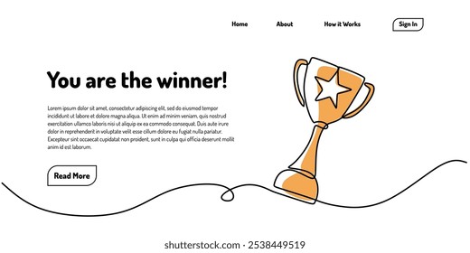 Continuous one line drawing of a hand holding a trophy for web landing page template. Victory and award concept.