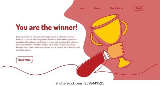 Continuous one line drawing of a hand holding a trophy for web landing page. Victory and award concept.