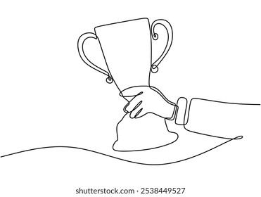 Dibujo continuo de una línea de una mano sosteniendo un trofeo. Concepto de logro y premio.