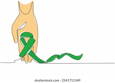 Continuo de una línea de dibujo de la mano sostener la cinta verde. Símbolo de cuidar y cuidar con cuidado. Deberían ser felices. Mes Nacional de Concienciación sobre la Parálisis Cerebral. Ilustración vectorial de diseño de dibujo de línea única
